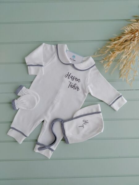 Erkek Bebek Tulum Biyeli 3lü Set Gri