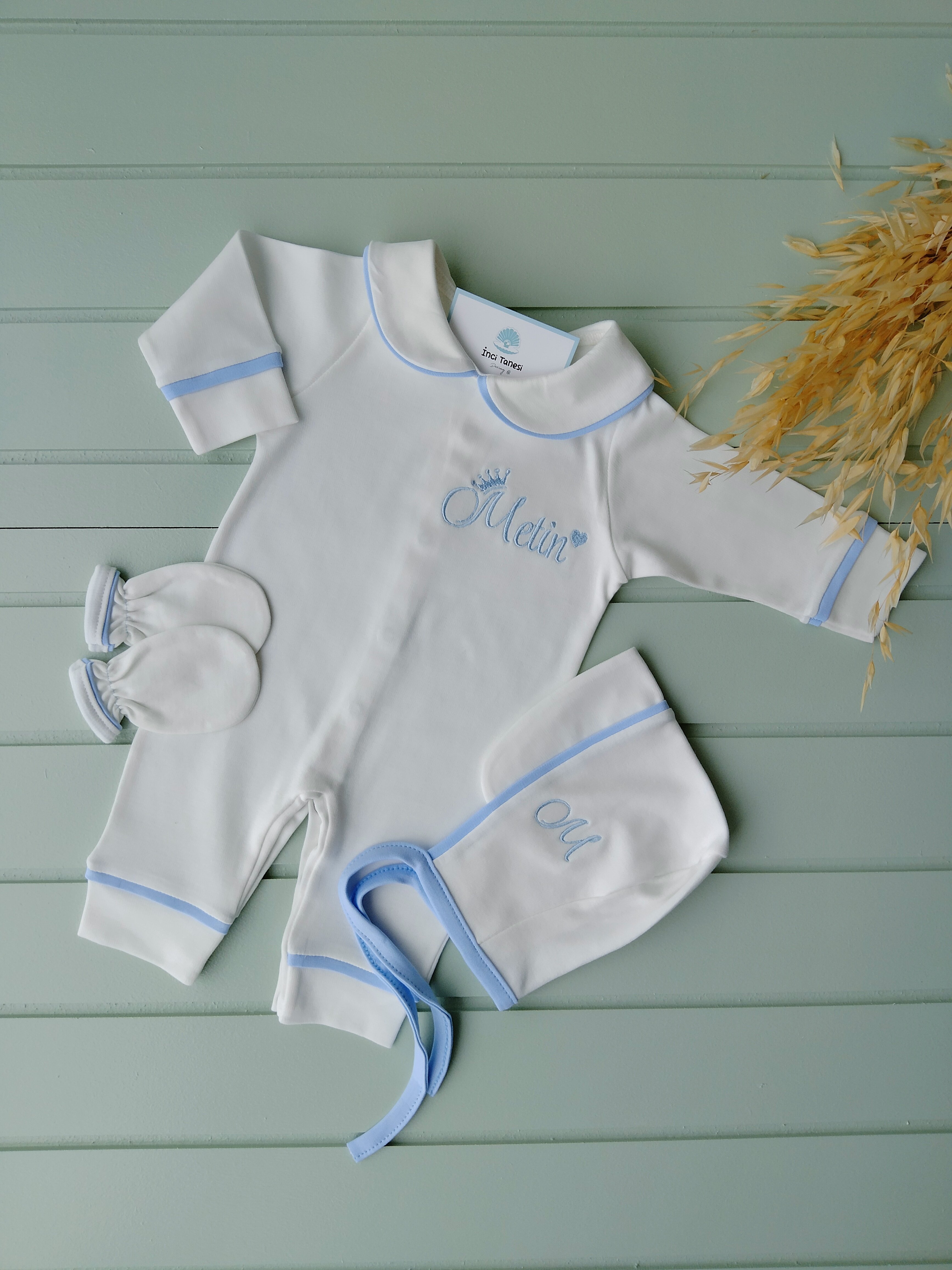 Erkek Bebek Tulum Biyeli 3lü Set Mavi