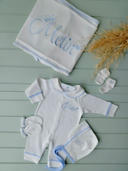 Erkek Bebek Tulum Biyeli 4lü Set Mavi