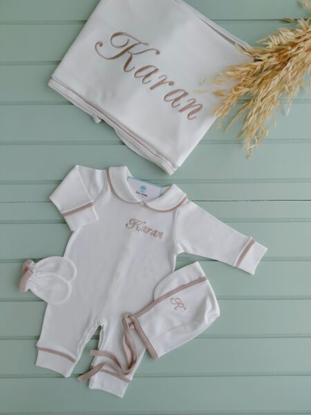Erkek Bebek Tulum Biyeli 4lü Set Bej