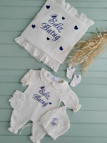 Müslin Tulum Bebe Yaka + Battaniye Fırfırlı