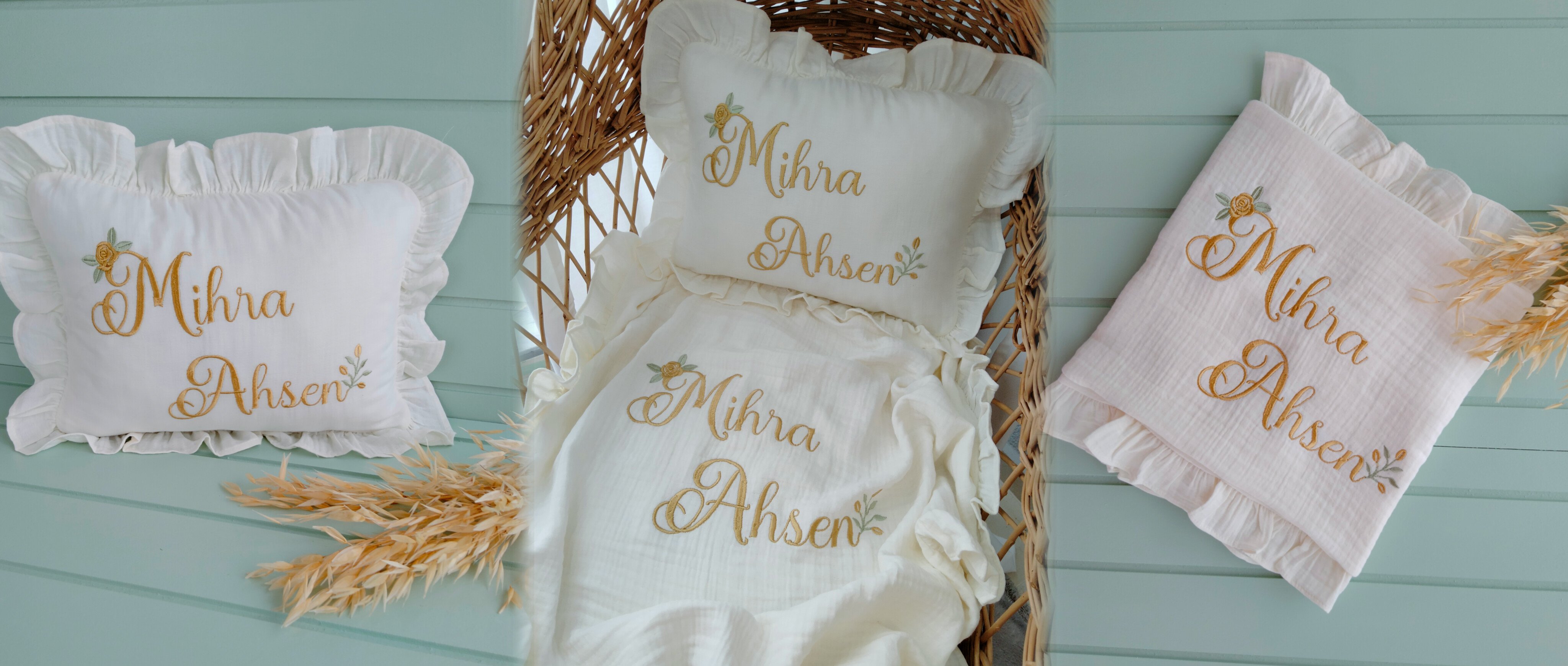 Müslin Bebek Set Battaniye + Yastık + Tulum + Sapka + Eldiven
