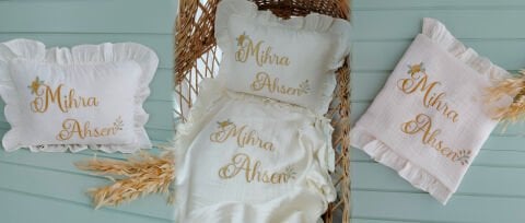 Müslin Bebek Set Battaniye + Yastık + Tulum + Sapka + Eldiven