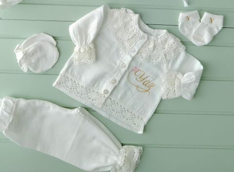 İnce Müslin Tam Set / Yastık + Battaniye + Bebe yk tulum+ Alt Üst tk + Çorap + Puset Örtüsü