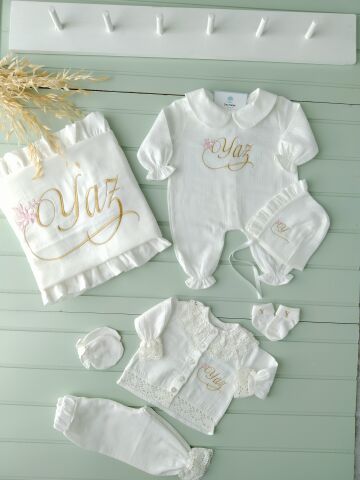 İnce Müslin Tam Set / Yastık + Battaniye + Bebe yk tulum+ Alt Üst tk + Çorap + Puset Örtüsü