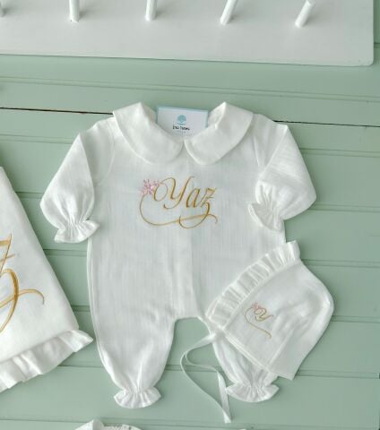 İnce Müslin Set / Yastık+ Battaniye+ Bebe yaka Tulum