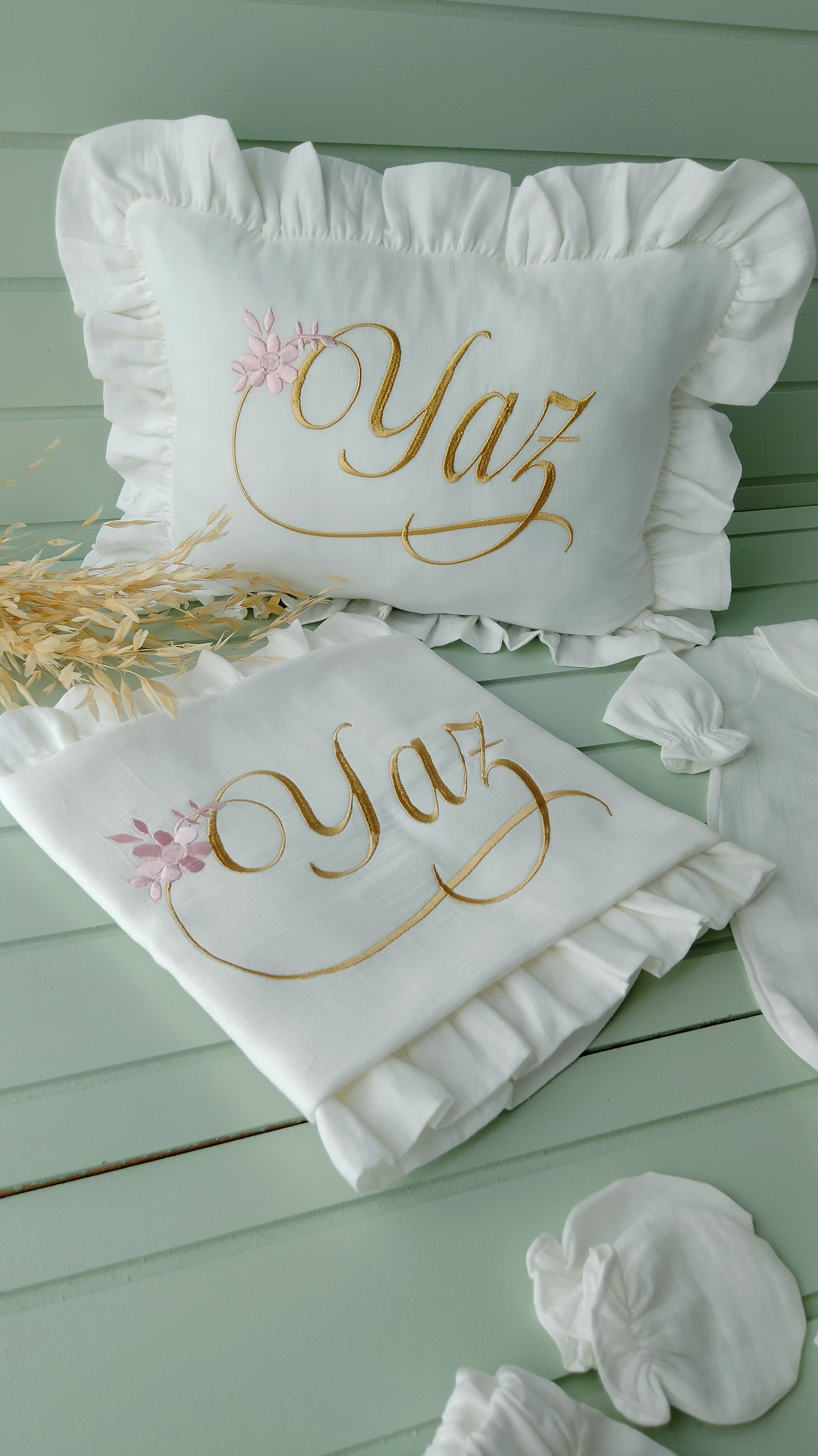 İnce Müslin Set / Yastık+ Battaniye+ Bebe yaka Tulum